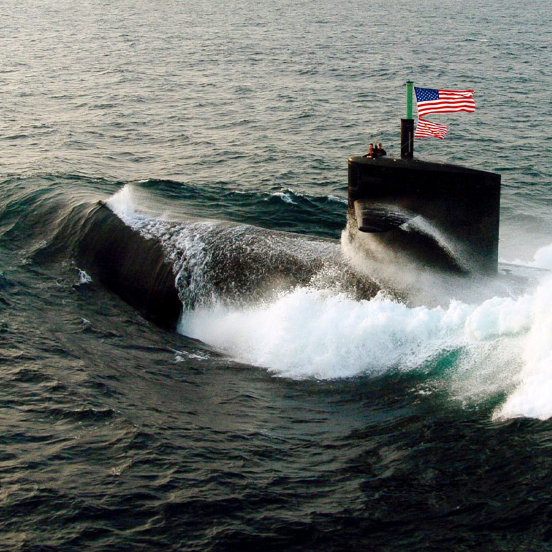 Submarine with American flag diving